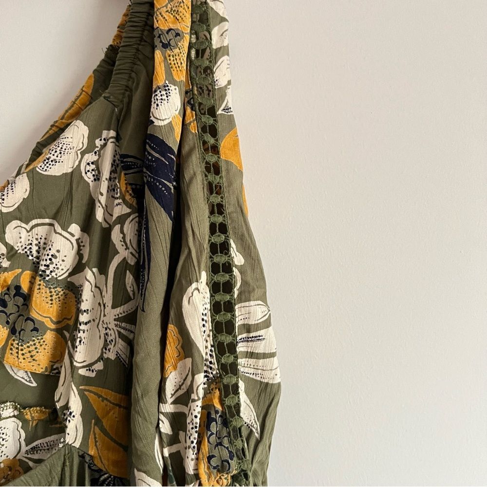 Angie Boho Floral Maxi Dress Olive Green Puff Sleeve Cottagecore Size Large - Picture 11 of 11